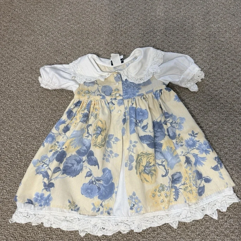 Vintage 80s Jo‎ Lene Baby Toddler Ruffle Collar Floral Dress 2T Made USA *spot